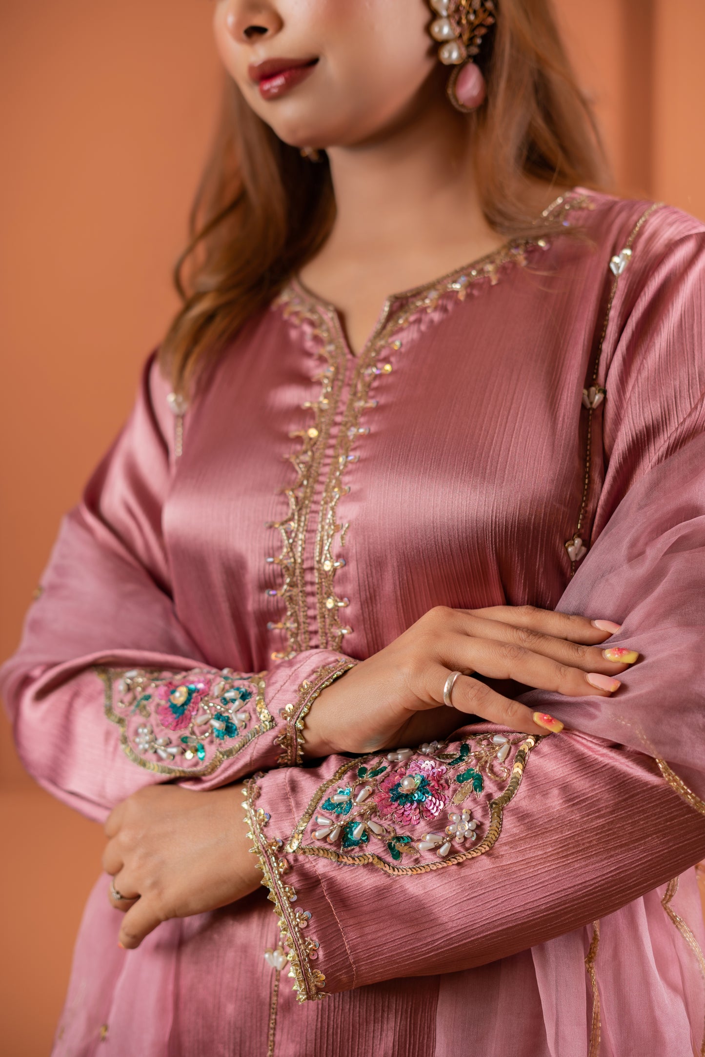 Rose Glow Embellished Silk Kameez And Pant