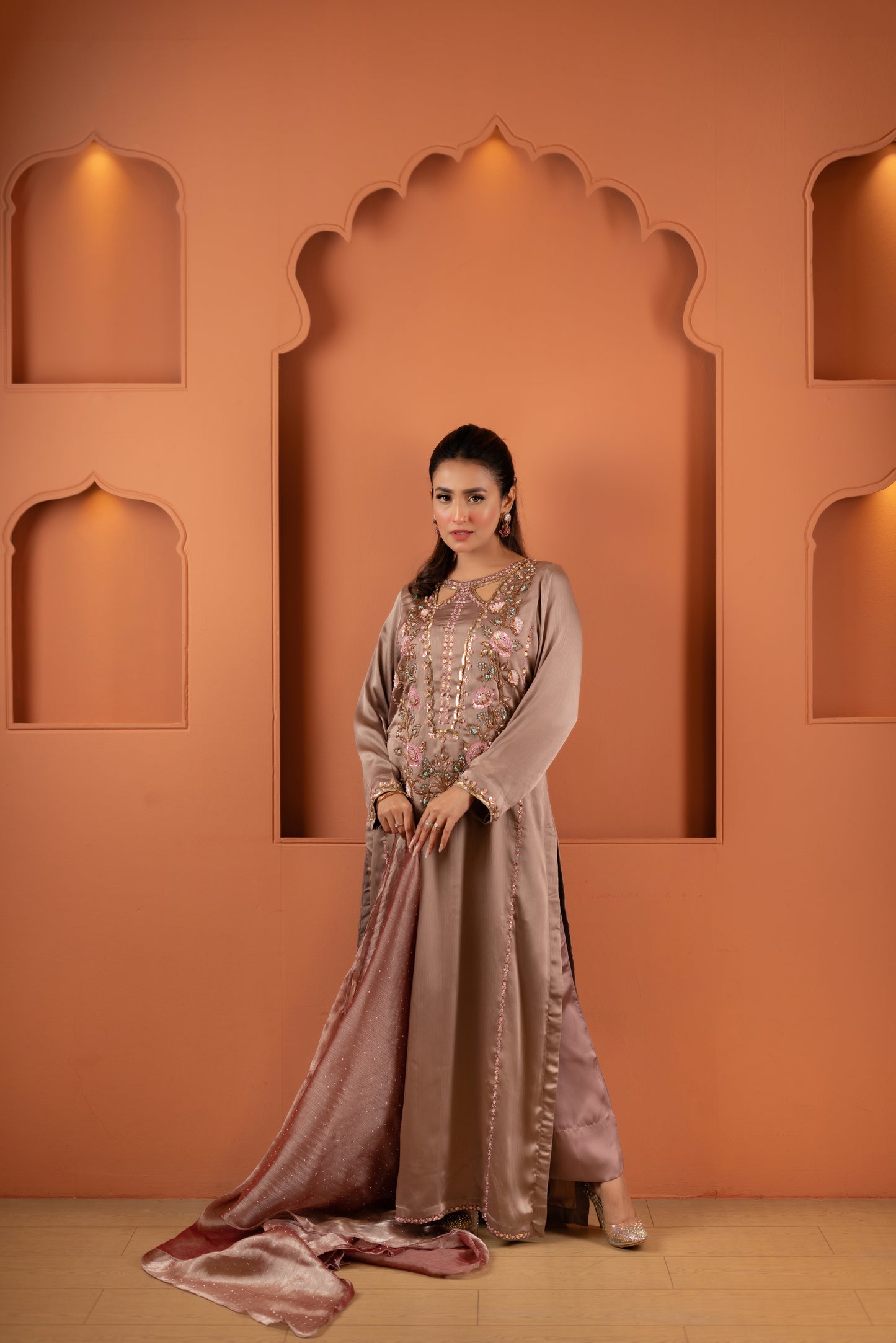 Mocha Rose Embroidered Silk Kameez And Pant Set