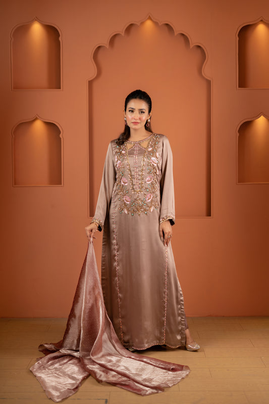 Mocha Rose Embroidered Silk Kameez And Pant Set