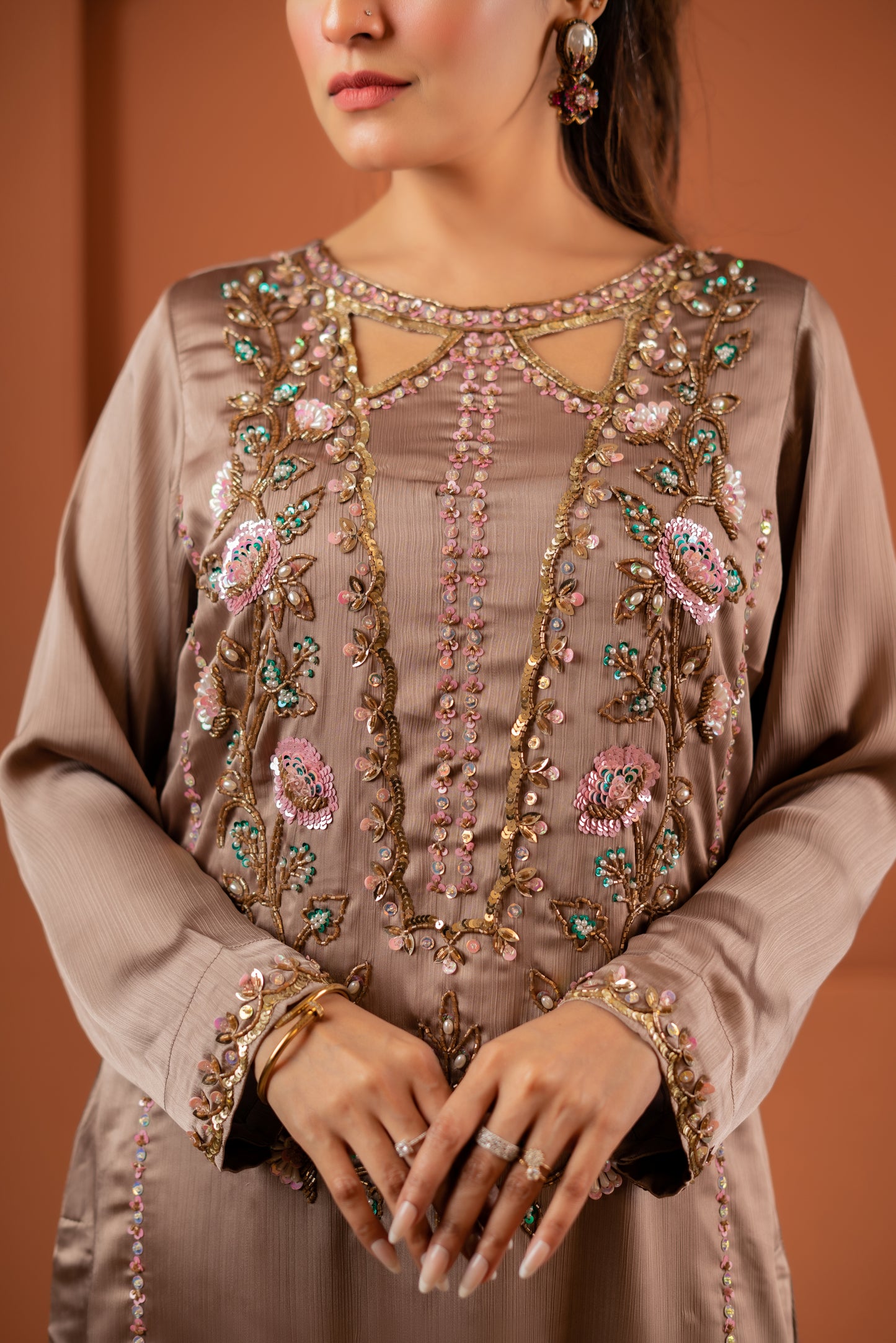 Mocha Rose Embroidered Silk Kameez And Pant Set